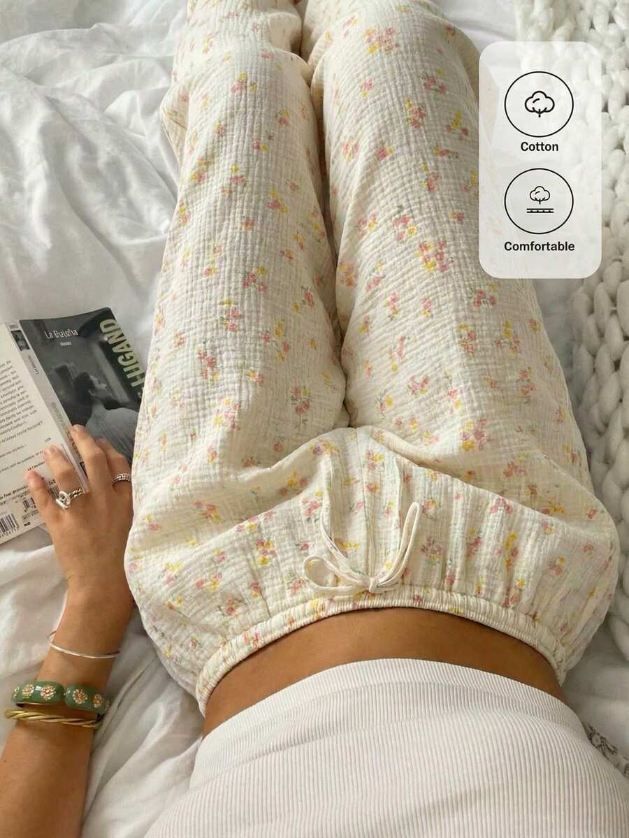 CovetEZ 100%纯棉杏色阔腿印花裤，浪漫休闲亚麻套装，女士夏季 - 杏色 - 查看 1