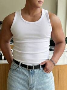 DAZY Plus Size Men's Solid White Ribbed Tank Top, Summer - White - View 5
