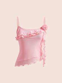 Sweetness Women's Romantic Sexy Pink Ruffle Asymmetric Hem Camisole - Pink - View 5