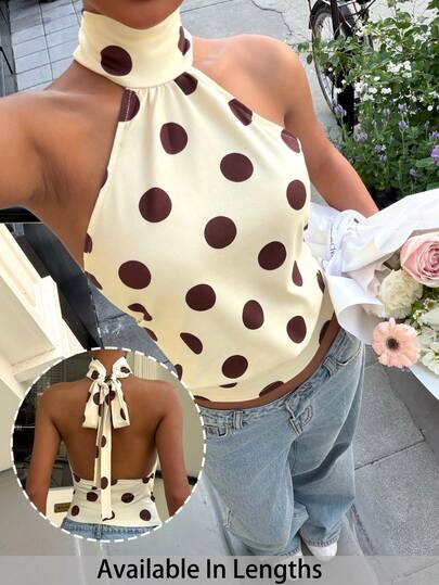 SHEIN PETITE CURVE Plus Size Women's Polka Dot Print Fashionable Backless Camisole, Suitable For Outings, Streetwear, Y2K Style Clothing, Polka Dot Top