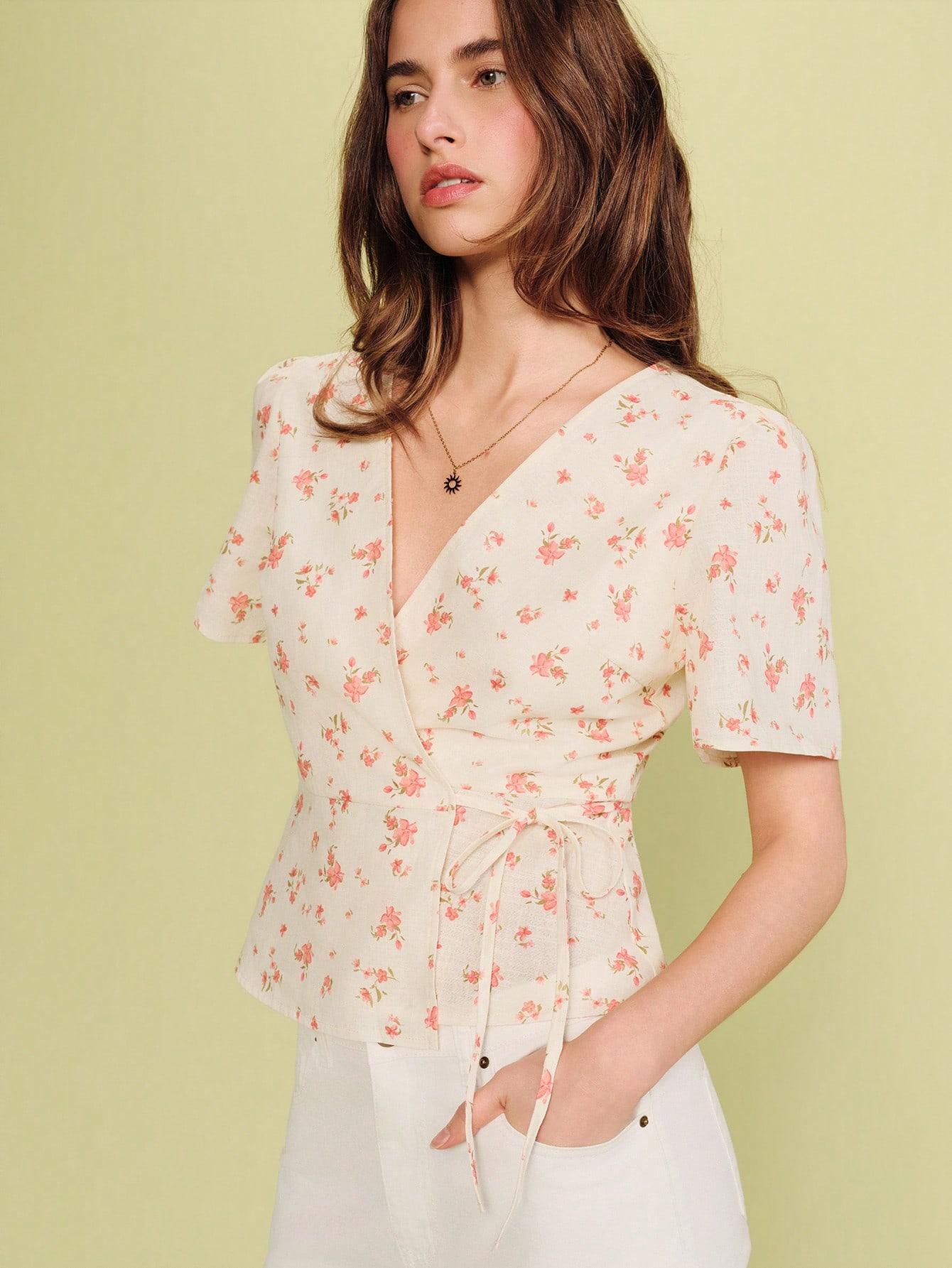Cream And Pink Floral Printed Wrap Blouse With Short Sleeves And Peplum Hem Spring Summer French Style Top Cute Feminine Silhouette Daily Wear Casual Vacation Floral Wrap Top
