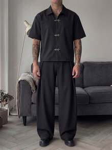 HIMLAND 男士夏季休闲金属扣短袖衬衫 - 黑色 - 查看 5