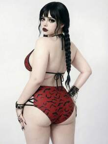 ROMWE Goth 大码女式两件套随机红色蝙蝠印花时尚度假日常休闲性感三角杯高腰三角裤抽绳挂脖开衩比基尼套装 - 紅色 - 查看 2