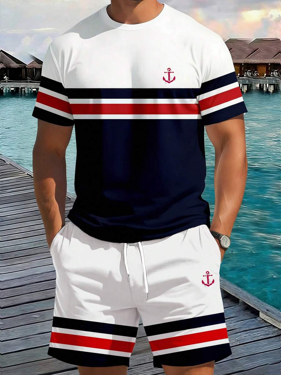 Manfinity RSRT Men's Contrast Color Patchwork Anchor Print Short Sleeve T-Shirt And Shorts Set - Multicolor - View 1