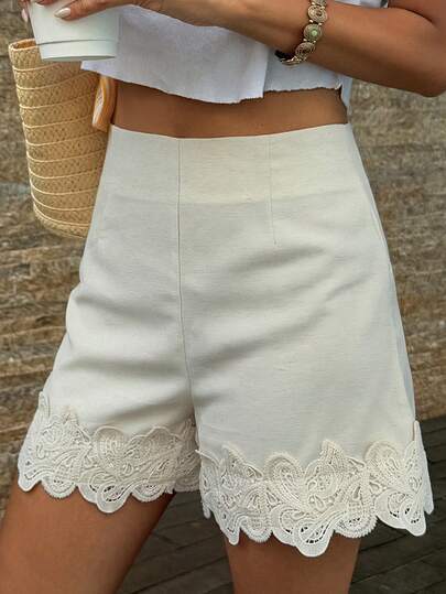 DAZY 女士蕾丝拼接高腰短裤，休闲直筒裤，春夏时尚单品