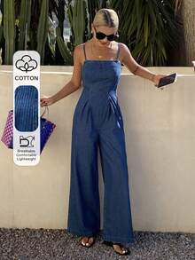 DAZY Women's Casual Striped Spaghetti Strap Wide Leg Denim Jumpsuit, Summer - Medium Wash - View 1