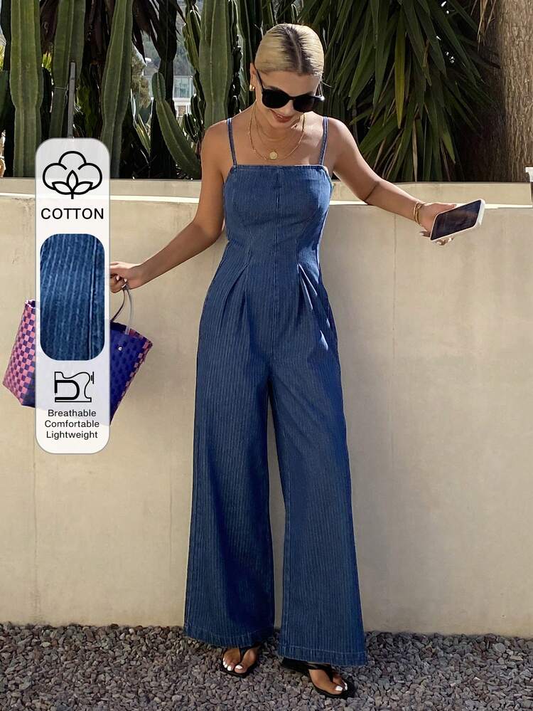 Women's Casual Striped Spaghetti Strap Wide Leg Denim Jumpsuit, Summer