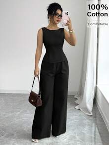2 piezas Conjunto de camiseta de tirantes con nudo y pantalones casuales minimalistas para mujer, para uso diario - Negro - Ver 7