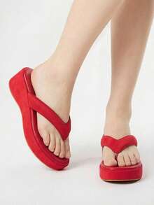 ROMWE Kawaii Dép xỏ ngón đế dày kiểu retro dành cho nữ, phù hợp với trang phục mùa xuân hè. - Đỏ - Xem 3