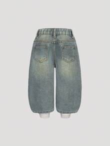 SHEIN Playful Pals Quần jean xanh đơn giản, thoải mái, dễ mặc, phong cách đường phố Y2K cho bé gái, thích hợp mặc hàng ngày - Rửa nhẹ - Xem 2