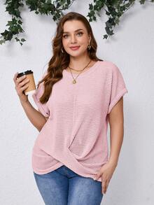 SHEIN Clasi Plus Size Women's Solid Color Round Neck Short Sleeve Casual T-Shirt With Criss-Cross Hem Design - Pink - View 6