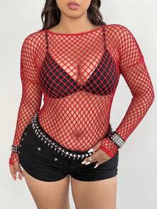 Whyspr Plus Size Women Sexy Hollow Out Sheer Blouse - Red - View 5