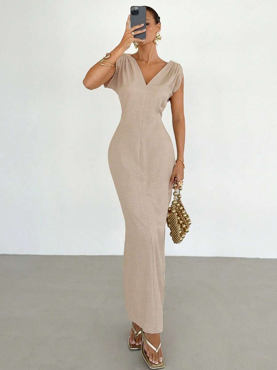 Siren Gaze Đầm linen phối màu cổ chữ V sâu mới cho mùa xuân dành cho nữ - Màu be - Xem 1