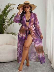 SHEIN Swim Curve كيمونو نسائي فضفاض مطبوع بالزهور مع حزام، مناسب للشاطئ والعطلات - الأرجواني - مشاهدة 5