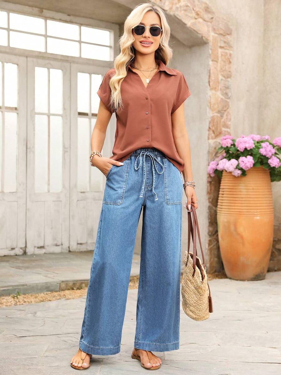 SHEIN PETITE Quần jeans nữ dáng rộng, cạp chun co giãn, có dây rút, kiểu dáng thường ngày. - Rửa trung bình - Xem 1