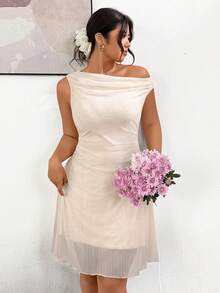 Lounesse Plus Size Summer Romantic Minimalist Tie-Dye Asymmetric Neck Dress, Waist Ruched Midi Dress One Shoulder Dress Elegant Dress Dresses White Dress - Apricot - View 6