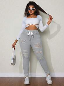 SHEIN SXY Quần jeans nữ cỡ lớn, cạp chun, kiểu rách, có dây rút, đa năng. - Màu Xám nhạt - Xem 4