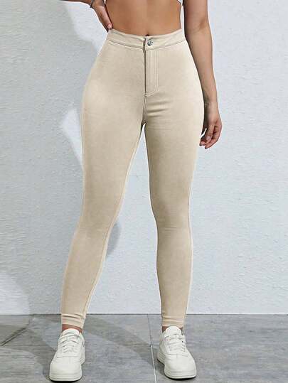 Jeanoix Quần skinny nữ màu trơn, thiết kế cài nút ở eo, kiểu dáng thường ngày.