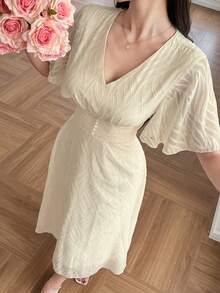 DAZY Vestido midi ajustado de encaje elegante, adecuado para vacaciones, primavera y verano - Beis - Ver 5