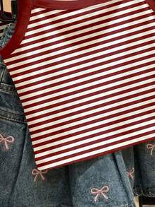 Retro Versatile Encore Red + White Striped, Contrast Print Pattern, Brown Tone, Young Girl Casual Minimalist Camisole Suitable For Summer, Cute Summer Outfits For Summer Kids Items, Summer Outing Items, Korean Style, Easy Comfort, Stylish Kids, Y2K, Kawaii, Party, Everyday, Vacation, Cute, Comfy, Summer 2026, Cottagecore, Weekend Casual, Family Outing, Photoshoot Outfits, Chill Chill, Baby & Kids Graphic Tops - Multicolor - View 3