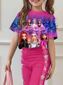 Bộ 2 món cho bé gái, gồm áo tay ngắn cổ tròn họa tiết hoạt hình và quần ống loe, thích hợp cho mùa hè. - Nhiều màu - Xem 3