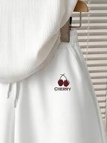 Resyla Bộ đồ nữ gồm áo tank top cổ polo in chữ và họa tiết quả anh đào, gồm áo và quần short, kiểu dáng thường ngày. - trắng - Xem 5