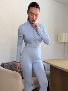 Abrilcols 女式街头纯色长袖半拉链连体裤，秋季 - 藍色 - 查看 5