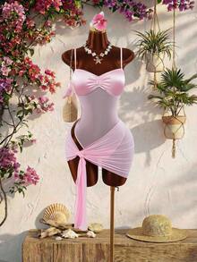 Amplova Bộ đồ bơi liền thân 2 mảnh dành cho nữ kèm áo khoác ngoài, kiểu dáng gợi cảm, màu hồng quyến rũ. - Hồng - Xem 4