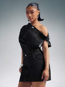 Denimoi Đầm denim ngắn trễ vai cạp chun, kiểu dáng thời trang đường phố, đầm denim cá tính. - Rửa tối - Xem 4