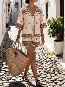 Weeklong Women's Printed Button-Up Cardigan And Shorts Two Pieces Casual Vacation Set, Spring/Summer - Multicolor - View 5