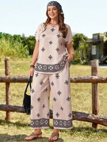 EMERY ROSE Conjunto informal de 2 piezas de top de manga corta con estampado geométrico y pantalones de pierna ancha para mujer talla grande - Multicolor - Ver 7