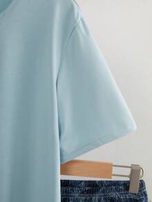 Conjunto de 2 piezas de camiseta de manga corta con estampado de letras en inglés y pantalones cortos, combinación de 3 colores negro, gris y azul, estilo minimalista y de moda para adolescentes, ropa de estar por casa - Verde - Ver 5