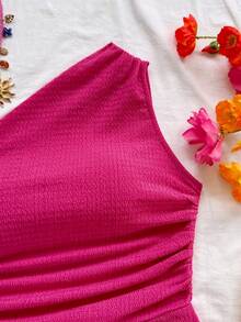 Soleia 女士不对称肩部连体裤，适合夏季度假、早午餐、母亲节、毕业典礼、教堂、海滩、音乐节、机场、下午茶等场合。 - 玫紅色 - 查看 4