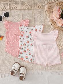 SHEIN Playful Pals 6件/套女嬰荷葉領多色組合上衣 & 彈性腰短褲套裝 可愛夏季度假穿搭 白色波點 春秋適用 - 彩色 - 查看 1