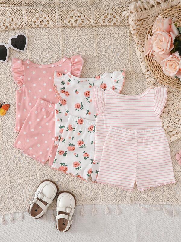 SHEIN Playful Pals 6件/套女嬰荷葉領多色組合上衣 & 彈性腰短褲套裝 可愛夏季度假穿搭 白色波點 春秋適用