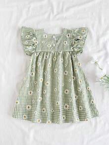SHEIN Vintaside Kids 女童夏季黄色格子雏菊印花短袖迷你连衣裙，田园风格，清新图案，轻盈廓形，适合户外、休闲和派对穿着 - 彩色 - 查看 2
