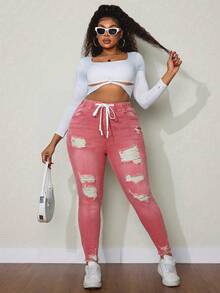 SHEIN SXY Plus Size Women Drawstring Waist Distressed Elastic Waist Versatile Jeans - Pink - View 3
