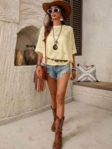 SHEIN LUNE Women's Casual Loose Fit Basic Short Sleeve T-Shirt For Home Wear, Summer,Casual Tops Women Lace T Shirt Boho Blouse Blouses Top - Light Yellow - View 5