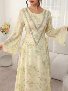 Al Najma Elegant Round Neck Beaded Side Tie Waist Flare Sleeve Robe Jalabiya, Spring/Summer - Yellow - View 8