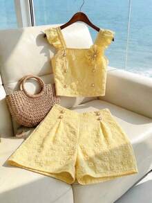 SHEIN 2pcs/Set Tween Girls Sweet Princess Butter Yellow Floral Embroidery Jacquard Vest & Shorts Set,Spring/Summer Ruffle Sleeve Top & Shorts For Wedding - Yellow - View 15