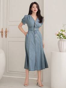 DAZY Women's Casual Washed V-Neck Petal Sleeve Denim Dress, Summer - Blue - View 6