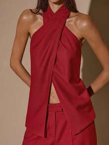Blusa elegante de color café sólido con cuello halter sin espalda para mujer, top elegante, top con estilo de envoltura cruzada, otoño/invierno - Rojo - Ver 6