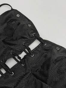NU&NOW Plus-Size Sexy Snakeskin Pattern Fabric Black Strapless Mini Dress With Eyelet And Rope Lacing Design On The Chest; Party Outfit; Sexy Girl Outfit. - Black - View 7