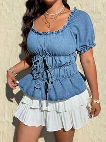Rivivi Plus Size Women Casual Boho Washed Denim Blouse Vacation Blue Summer - Medium Wash - View 3