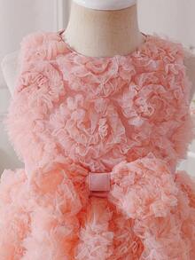 SHEIN Glamorique Kids Young Girl'Princess Dress,Blush Pink Summer Flower Girl Formal Gown,Coral Peach 3D Floral Mesh,Bow Decor,Sleeveless,Birthday Party Wedding Event Dress - Pink - View 6