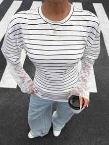 Muchica Women's Striped Knit Round Neck 2 In 1 T-Shirt - Black and White - View 3