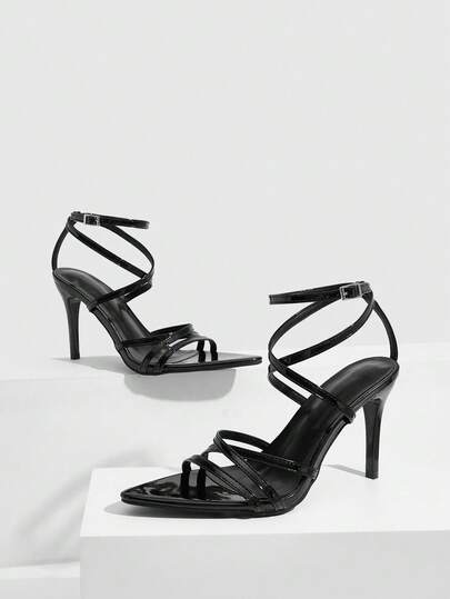 CUCCOO SZL 女士夏季新款尖头细高跟罗马交叉绑带黑色漆皮性感派对高跟凉鞋