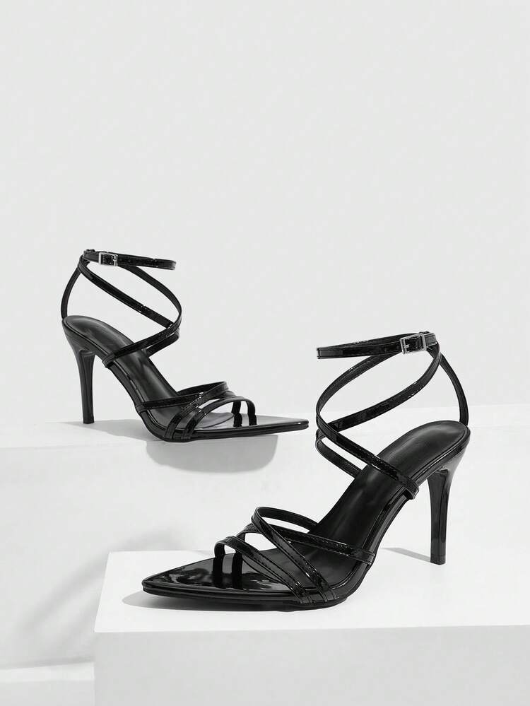 CUCCOO SZL Women Shoes Summer New Pointed Stiletto Roman Cross Strap Black Patent Leather Sexy Party Women's High Heels Sandals Prom Heels Summer Shoes