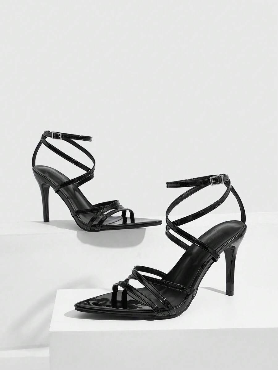 CUCCOO SZL Giày nữ mùa hè mới, mũi nhọn, quai chéo kiểu La Mã, da bóng màu đen, gợi cảm, thích hợp dự tiệc. - màu đen - Xem 1