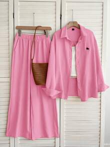 SHEIN EZwear 女士骑士印花单排扣长袖上衣和阔腿裤休闲套装，女士冬季睡衣套装，女士家居服衬衫套装，女士Polo衫运动服，女士家居服品牌服装 - 粉色 - 查看 3